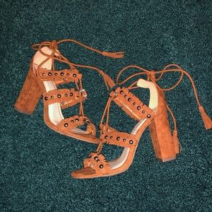 Tan suede lace up heels